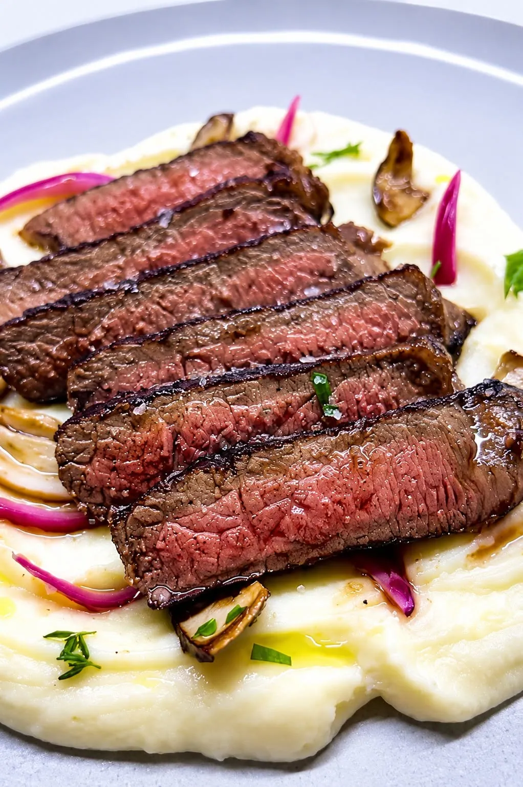 Narezan zorjen steak s prilogo na krožniku