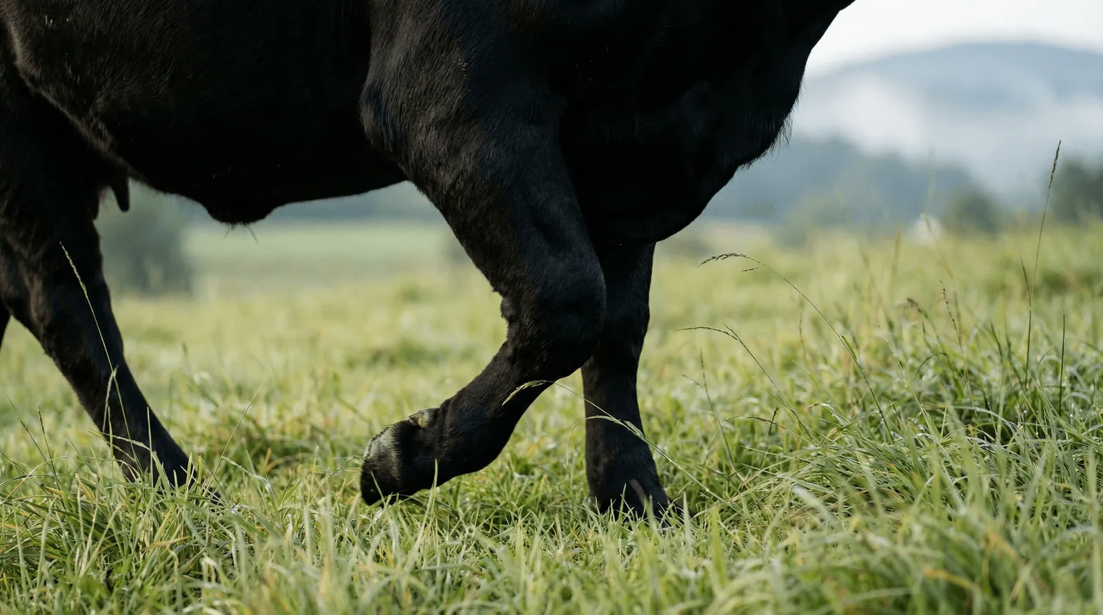Krava Black Angus hodi po visoki travi na pašniku